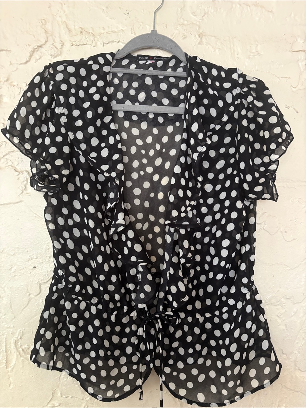 Polka Dot Ruffle Tie-Front Blouse - Black/White